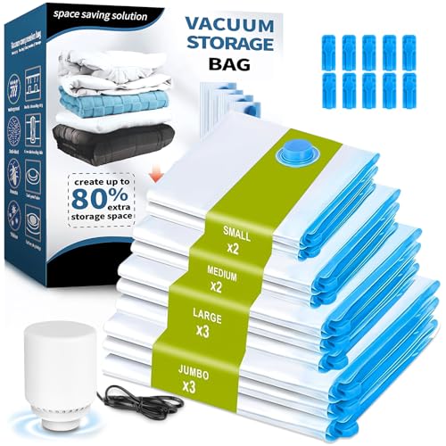 NXPZ Vakuumbeutel für Kleidung mit Elektrischer Luftpumpe, 10 Stück (3 Jumbo 100x80 cm + 3 Groß 80x60 cm + 2 Mittel 70x50 cm + 2 Klein 60x40 cm), Wiederverwendbar für Reisen und Alltagsaufbewahrung von NXPZ