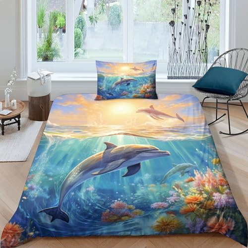 NXYDEPPEV Delphins Für Kinder Mädchen Jungen Bettwäschegarnitur 3D Gedruckter Jumping Delphin Bettbezug Set Weich Microfaser Und Kissenbezüge Reissverschluss Bettwäsche 2 Teilig Single（135x200cm） von NXYDEPPEV