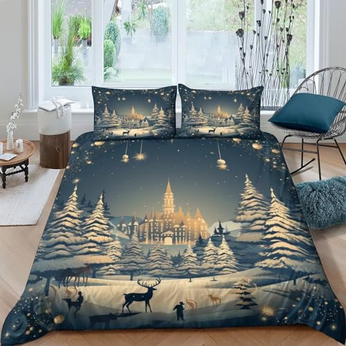NXYDEPPEV Frohe Weihnachten 3D Gedruckter Fawn Bettbezug Set Mädchen Junge Kinder Bettwäschegarnitur Und Kissenbezüge Reissverschluss Weich Microfaser Bettwäsche 3 Teilig Double（200x200cm） von NXYDEPPEV