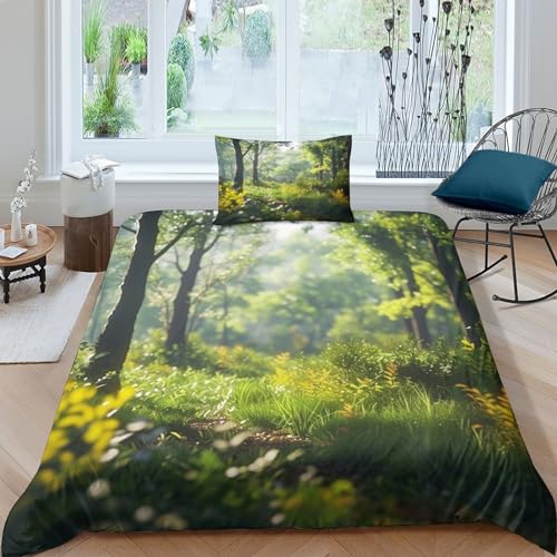NXYDEPPEV Wald 3D Gedruckter Anlage Bettbezug Set Bettwäschegarnitur Für Kinder Mädchen Jungen Reissverschluss Weich Microfaser Bettwäsche Und Kissenbezüge 2 Teilig Single（135x200cm） von NXYDEPPEV