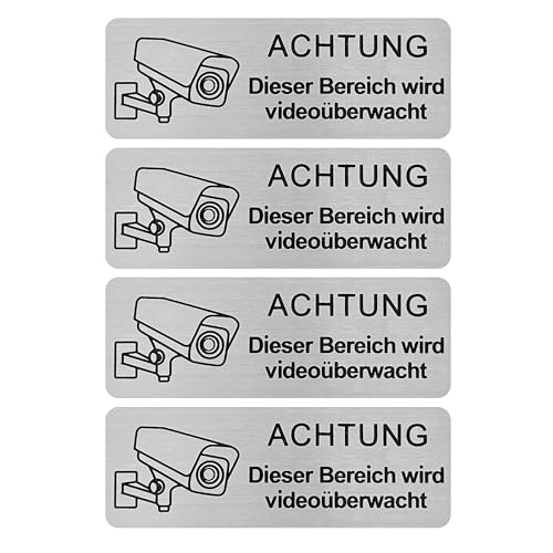 4 Stück Videoüberwachungsschilder, Warnschilder Videoüberwachung, Aluminium Selbstklebendes Videoüberwachungsschild, Videoüberwachung Sicherheitsschilder, Videoüberwachung Warnschilder (Deutsch) von NYGGTYK