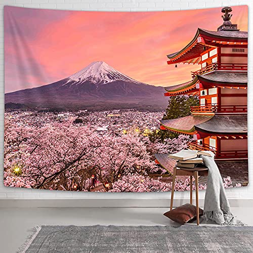 NYMB Asiatischer japanischer Wandteppich, Wandbehang, japanische Pagode, Berge, Fuji, Frühling, Kirschblüten, Sakura-Blumen-Wandteppich, rosa kleiner Wandteppich, Wohnzimmer, Wohnheim von NYMB