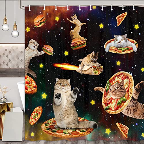 Lustiger Katzen-Duschvorhang für Badezimmer, coole Katzen im Weltraum, bunte Galaxie, lustiges Badzubehör für Jungen und Mädchen, lustige Regenbogen-Pizza, Klassenzimmer, Duschvorhang, 183x183 cm von NYMB