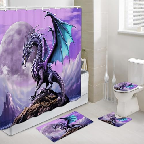 Mittelalterliches Fantasy-Thema Lila Drache Stoff Duschvorhang Set mit Badezimmer WC Pad Abdeckung Badematte, Magische Tiere Duschmatten Waschbar Badteppich Badezimmerzubehör 4er-Set (Drache) von NYMB