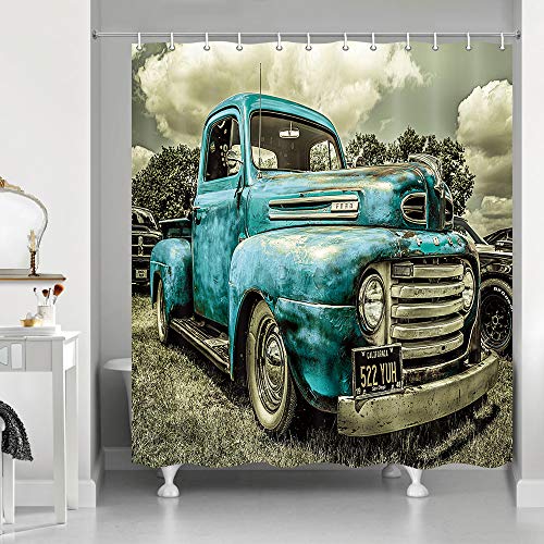 NYMB Antike Auto-Duschvorhänge, Custom Vintage Old Truck Car Decor, Polyester Stoff Blau Rustikaler Traktor Duschvorhang-Set Fantastische Dekorationen Landhaus-Badvorhang, 175 x 178 cm (blau) von NYMB