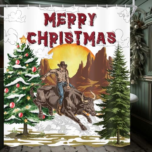 NYMB Duschvorhang-Set, Motiv: Weihnachtsmann, Cowboy auf Pferd in der Wüste, Western-Duschvorhang, Frohe Weihnachten, Südwestern, wasserdichter Stoff, Badezimmerzubehör, 183 x 183 cm NYMB Duschvorhang-Set, Motiv: Weihnachtsmann, Cowboy auf Pferd in der Wüste, Western-Duschvorhang, Frohe Weihnachten, Südwestern, wasserdichter Stoff, Badezimmerzubehör, 183 x 183 cm von NYMB