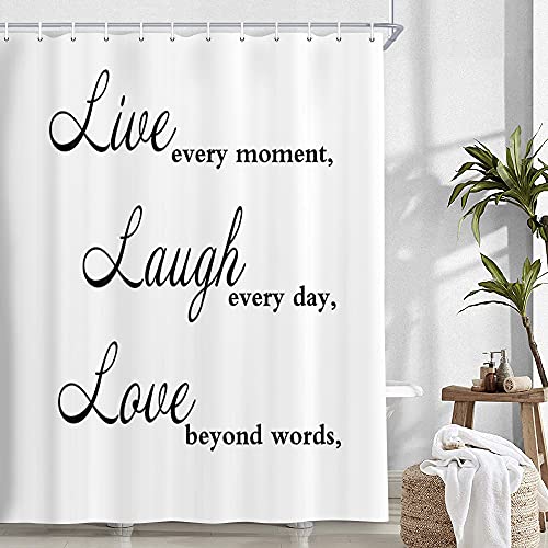 NYMB Duschvorhang mit Aufschrift "Live Laugh Love" für Badezimmer, einfache niedliche Zitate, Stoff-Duschvorhänge-Set, inspirierende, lustige Worte, motivierende, schwarz und weiß, 183x183 cm von NYMB