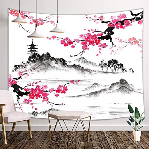 NYMB Japanischer Wandteppich, asiatischer Anime-Mount Fuji mit Kirschblüten, Sakura-Blumen-Wandteppich, Wandbehang für Wohnzimmer, Schlafzimmer, Schlafsaal, Dekoration, schwarz-weißer Wandteppich, 203 von NYMB