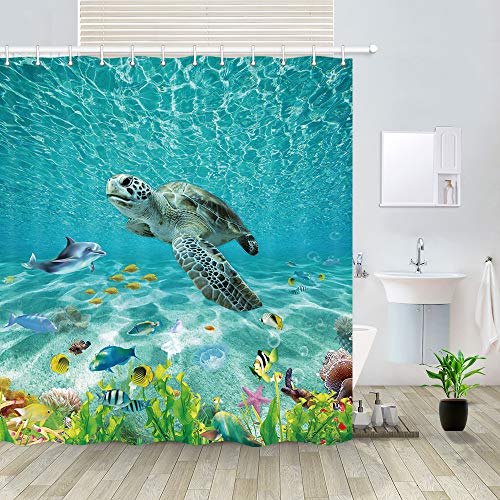 Ocean Animals Duschvorhang, türkis, Meerwasser, Fantasie, Ozean, Sand Wolrd mit Meeresschildkröte, Delfin, Fisch, Seegras, Meeresbewohner, Badezimmervorhang, 12 Haken, 177,9 x 177,8 cm von NYMB