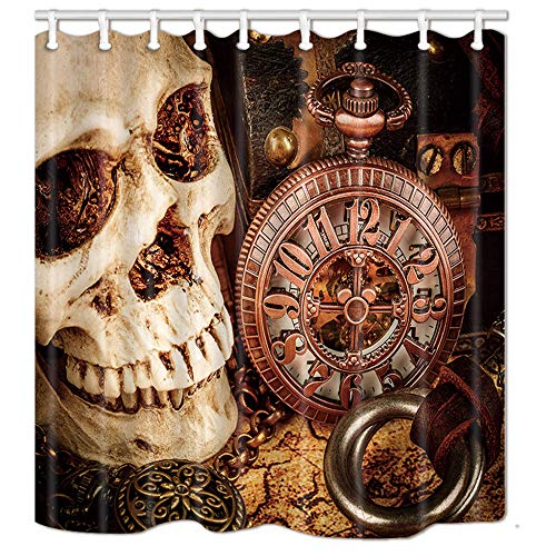 NYMB Duschvorhang mit gruseligem Totenkopf und mechanischer Uhr, 174 x 178 cm, schimmelresistentes Polyestergewebe, fantastisches Dekorationen, Badvorhang-Set von NYMB