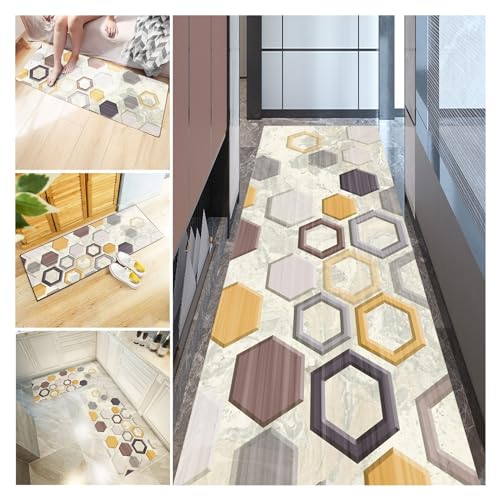 NYNDJZI Teppich Läufer Flur Küche Hexagon Teppichläufer Kücheläufer rutschfest Polyester Dauerhaft Waschbar Vintage Modern Geometrische Für Küche Wohnzimmer Schlafzimmer(Size:40x250cm) von NYNDJZI