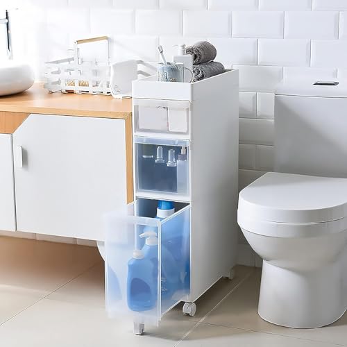 NYSCR Schmaler hoher Badezimmerbodenschrank mit 4 klaren Schubladen und Rollen schlanker freistehender vertikaler Aufbewahrungsgerät für kleine Räume Baugruppe kostenlos 14 cm/22 cm Breite NYSCR Schmaler hoher Badezimmerbodenschrank mit 4 klaren Schubladen und Rollen schlanker freistehender vertikaler Aufbewahrungsgerät für kleine Räume Baugruppe kostenlos 14 cm/22 cm Breite von NYSCR