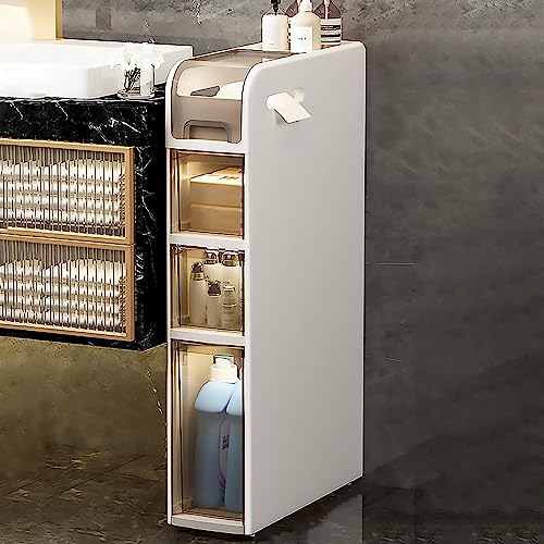 Slim 6 Zoll breites Badezimmerbodenschrank Aufbewahrung 4 -stufig Toilettenpapier Lagerschrank mit klaren Schubladen und Raster großer Kapazität Schmaler vertikaler Kommodenenturm für kleine Räume von NYSCR