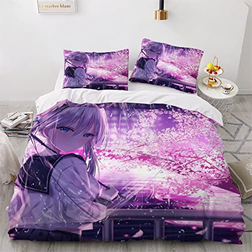 Anime Mädchen Kirschblüten Bettwäsche 135x200 3D Japon Manga Anime Bettbezug Mit Reißverschluss Sommer Weiche Mikrofaser Bettwäsche-Set Bettbezüge Mit 2 Kissenbezug 80x80 cm Für Kinder Junge Mädchen von NYSMGS