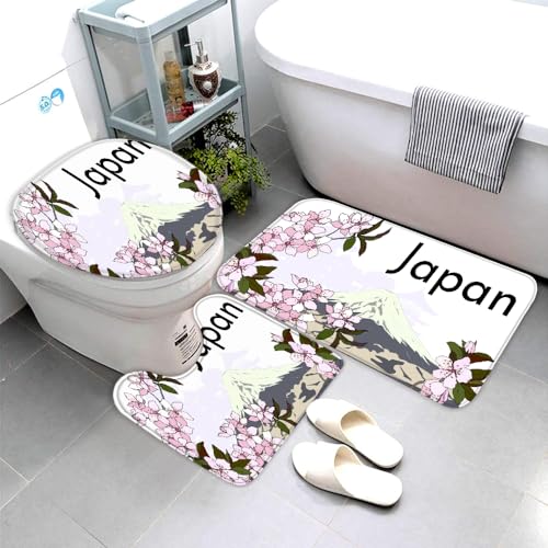 NYSMGS Badezimmerteppich-Set 3Teilig Japan Kirschblüten rutschfest Waschbar Badematte Badezimmer Weich Mikrofasern WC-Deckelbezug Japan Landschaft Badvorleger Badteppich für Badewanne Dusche,50x80cm von NYSMGS