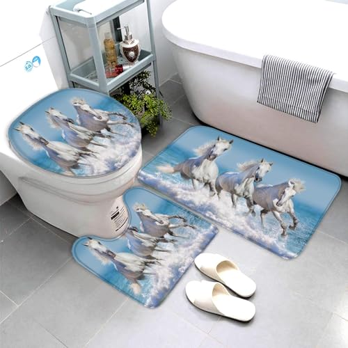 NYSMGS Badezimmerteppich-Set 3Teilig Pferd rutschfest Waschbar Badematte Badezimmer Weich Mikrofasern WC-Deckelbezug Tiere Pferde Badvorleger Badteppich für Badewanne Dusche,50x80cm von NYSMGS