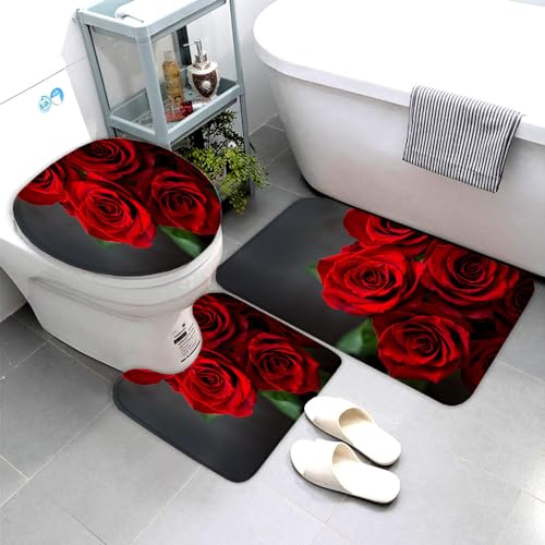 NYSMGS Badezimmerteppich-Set 3Teilig Rote Rose rutschfest Waschbar Badematte Badezimmer Weich Mikrofasern WC-Deckelbezug Blumen Badvorleger Badteppich für Badewanne Dusche,50x80cm von NYSMGS