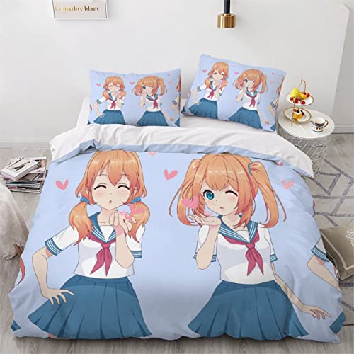 NYSMGS Bettwäsche 155x220 Anime Manga Girl Bettwäsche-Set 3 Teilig 3D-Druck Anime Bettbezug 155x220 Mit Reißverschluss Sommer Weiche Mikrofaser Teenager Bettbezüge Mit 2 Kissenbezug 80x80 cm von NYSMGS