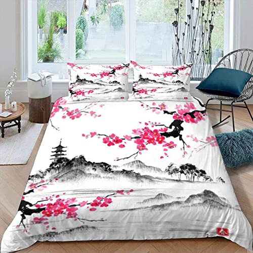 NYSMGS Bettwäsche 155x220 Japanische Kirschblüten Bettwäsche-Set 3 Teilig 3D-Druck Malen Bettbezug 155x220 Mit Reißverschluss Sommer Weiche Mikrofaser Teenager Bettbezüge Mit 2 Kissenbezug 80x80 cm von NYSMGS