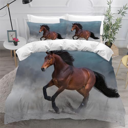 NYSMGS Bettwäsche-Sets 200x200 3 Teilig Pferd 3D Motiv Erwachsene Kinder Tiere Blau Mikrofaser Atmungsaktive Erwachsene Bettbezug mit Reißverschluss und 2 Kissenbezüge 80x80cm A578 von NYSMGS