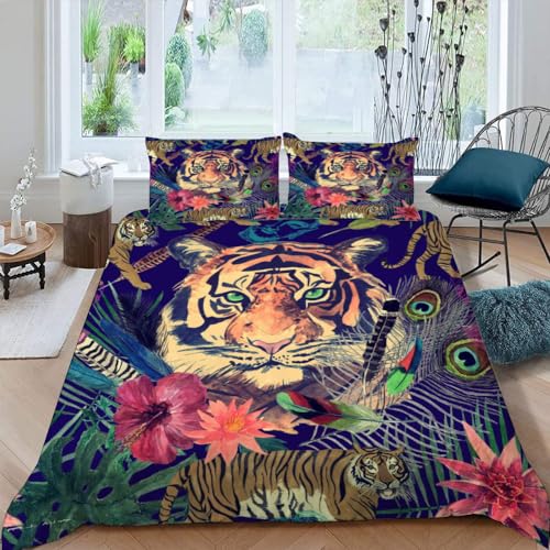 NYSMGS Kinderbettwäsche 135x200 Tiger Mädchen Jungen Kinder 3D Druck Tier Bettbezug Weich Mikrofaser Sommer Bettwäsche-Sets 3 Teilig mit Reißverschluss und 2 Kissenbezüge 80x80cm von NYSMGS