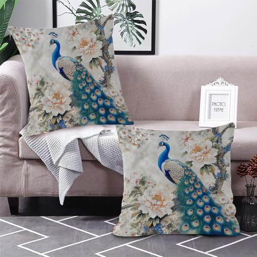 NYSMGS Pfau Blume Kissenbezüge 45x45cm Weiche Mikrofaser Home Dekor Kissenbezug Tiere Weiß 3D Kissenhülle 2er Set Sofakissen Couchkissen für Schlafzimmer WohnzimmerA539 von NYSMGS