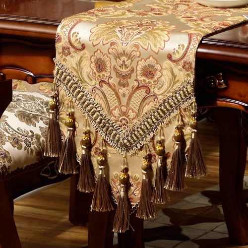 NYSMXF Extra luxuriöser Samt-Tischläufer, 274 cm lang, mit Vintage-Damast-Jacquard-Design, für Weihnachten, Esszimmer, Wohnzimmer, Heimdekoration, Dunkelgold, 33 x 274 cm von NYSMXF