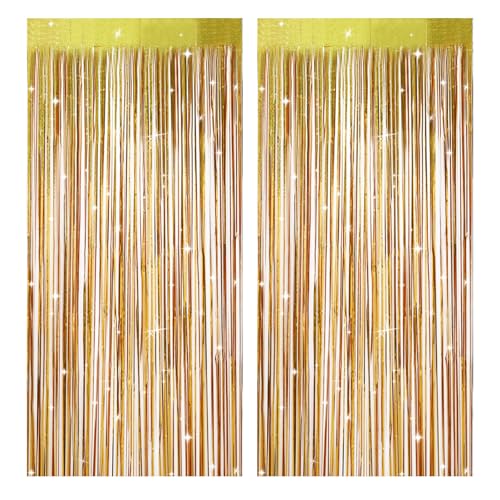 2 Stück Lametta Vorhang Gold,Glitzer Vorhang Geburtstag,Neon Luftschlangen,Glitzervorhang Lametta für Geburtstagsdeko,Hochzeitsfoto Hintergrund,90er Disco Party Deko(1 m x 2,5 m) von NYTGAH