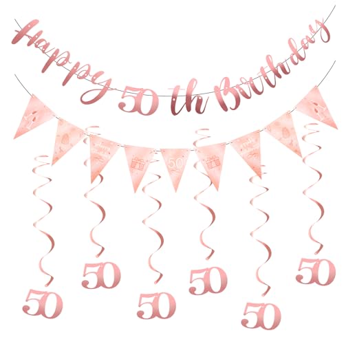 Deko 50 Geburtstag Frau, Papier Happy Birthday Girlande und PVC Spiral Luftschlangen Geburtstag, Geburtstagsdeko in Roségold für 50 Jahre Geburtstag Frau Deko 50 Geburtstag Frau, Papier Happy Birthday Girlande und PVC Spiral Luftschlangen Geburtstag, Geburtstagsdeko in Roségold für 50 Jahre Geburtstag Frau von NYTGAH