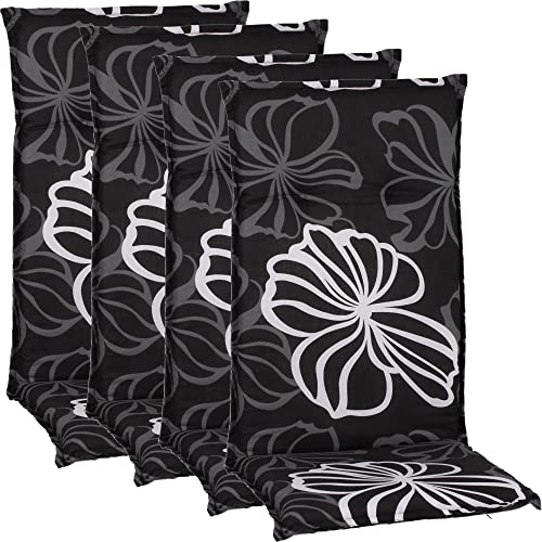 NYVI Gartenstuhl Auflagen Hochlehner 4er Set Barcelona - UV-Beständig, Atmungsaktiv, Strapazierfähig - Hochlehnerauflagen Sitzkissen Outdoor - Sitzauflagen für Gartenstühle 118x50cm Black Flower von NYVI