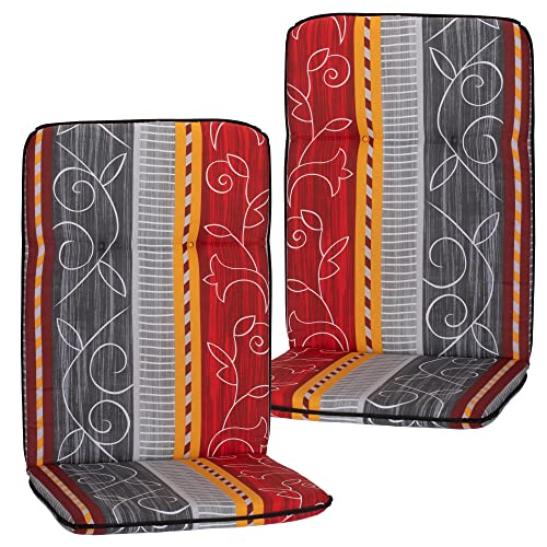 NYVI Hochlehner Auflagen Hawaii 2er Set - 114x47 cm Grau Rot Gelb Ranke - Gartenmöbel Auflage mit 5 cm Polster und Gummi-Halteband von NYVI