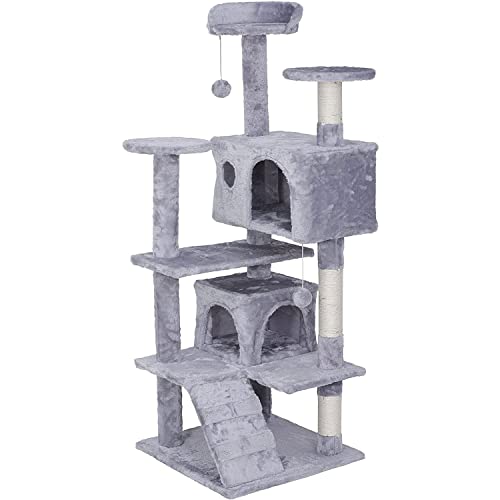 NYVI Katzen Kratzbaum Luzifer 134 cm groß grau - Deluxe Katzenbaum mit 2 Katzenhöhlen, 2 Plattformen, Katzenspielzeug und Sisal Kratz Säule - Stabiles und Robustes Katzenhaus von NYVI