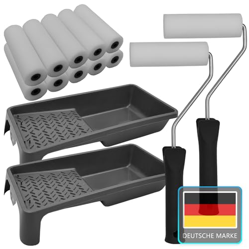 NYVI Lackier Set zum Lackieren aller Lacke - 2x Farbrolle Bügel 2 x Farbwanne 10x Schaumwalzen - wiederverwendbar lösemittelbeständig - Malerset zum Streichen - Farbroller Set - Lackrollen für Lacke von NYVI