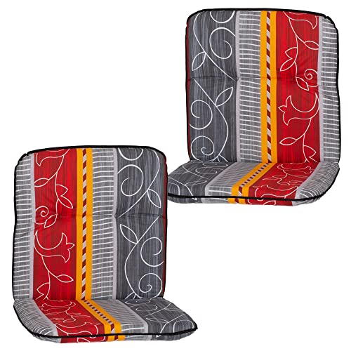 NYVI Niedriglehner Auflagen Hawaii 2er Set - 96x47 cm Grau Rot Gelb Ranke - Gartenmöbel Auflage mit 5 cm Polster und Gummi-Halteband von NYVI