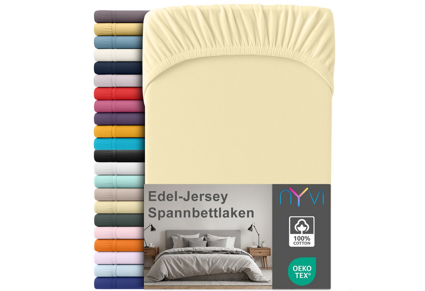 NYVI Spannbettlaken Edel Jersey Spannbettlaken Deluxe für Matratzen bis 25 cm Steghöhe, Baumwolle, (1 Stück), 90-100x200 cm - 100% Baumwolle supergekämmt, 140g/m², Rundumgummizug von NYVI