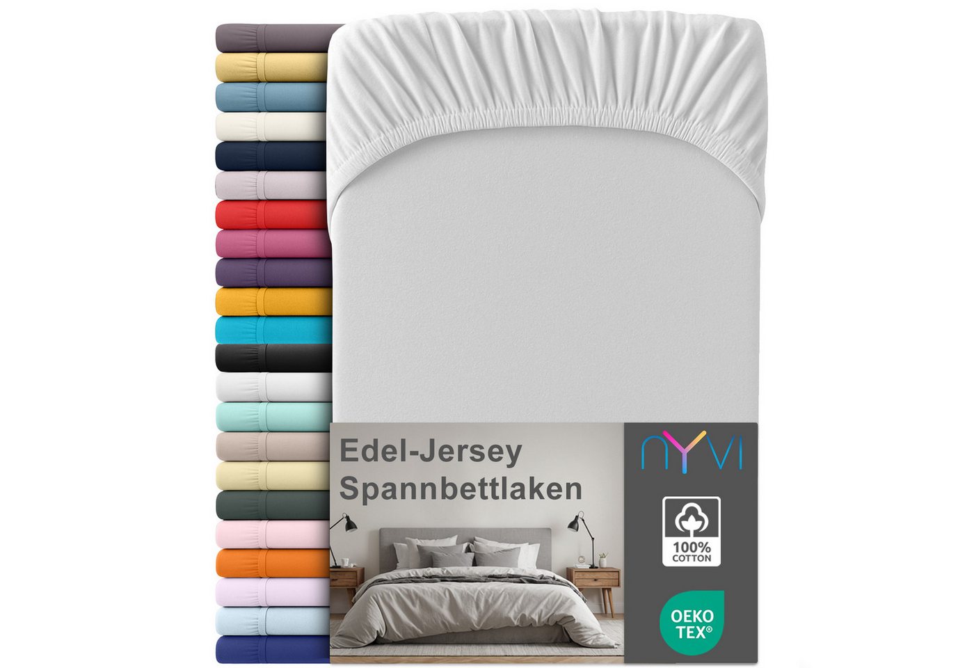 NYVI Spannbettlaken Edel Jersey Spannbettlaken Deluxe für Matratzen bis 25 cm Steghöhe, Baumwolle, (1 Stück), 90-100x200 cm - 100% Baumwolle supergekämmt, 140g/m², Rundumgummizug von NYVI