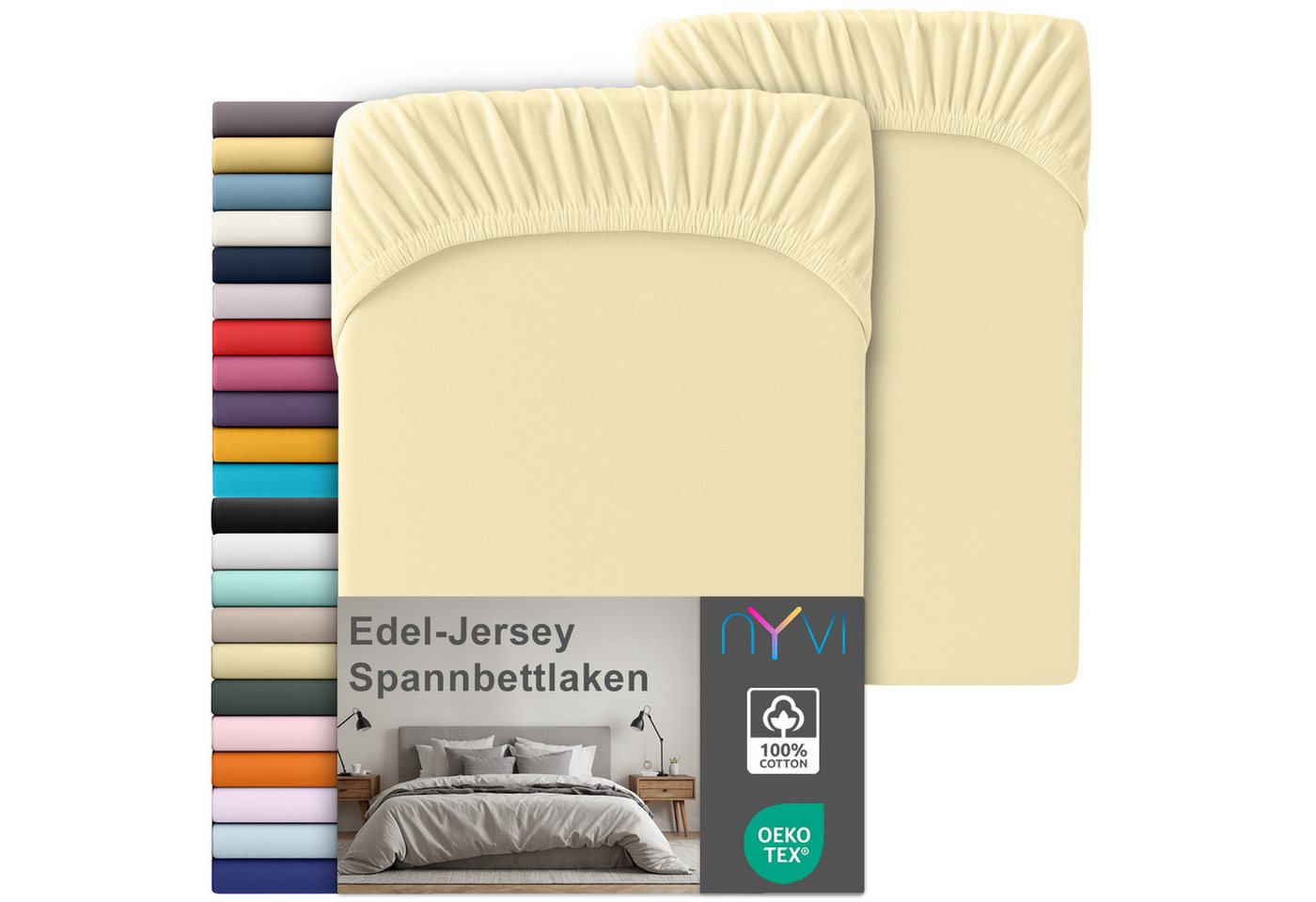 NYVI Spannbettlaken Edel Jersey Spannbettlaken Deluxe für Matratzen bis 25 cm Steghöhe, Baumwolle, (2 Stück), 90-100x200 cm - 100% Baumwolle supergekämmt, 140g/m², Rundumgummizug von NYVI