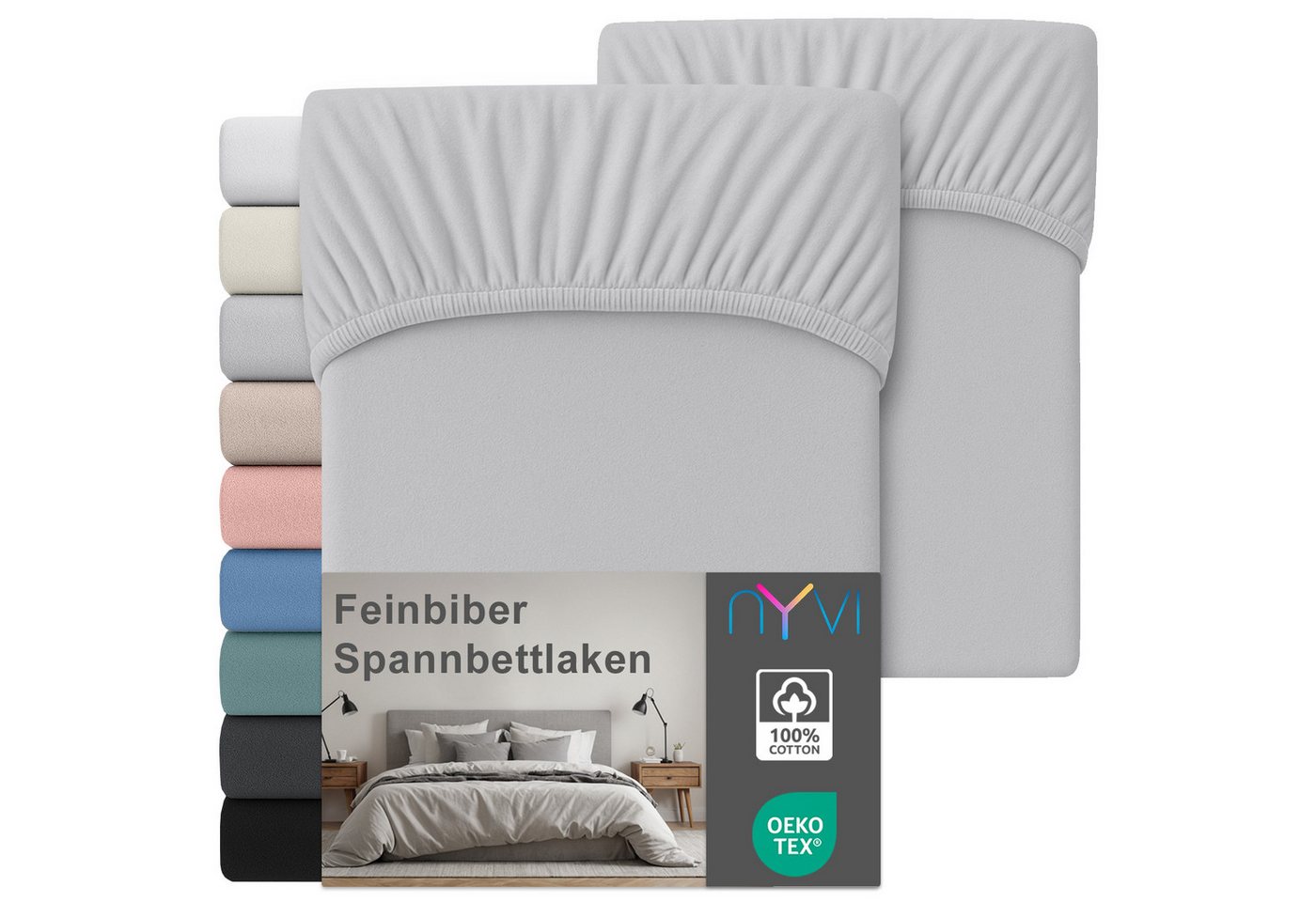 NYVI Spannbettlaken Feinbiber Spannbettlaken Deluxe für Matratzen bis 25 cm Steghöhe, Baumwolle, (2 Stück), 90x200 cm - Extra Warm & Weich 100% Baumwolle Bügelfrei Vorgekrumpft von NYVI