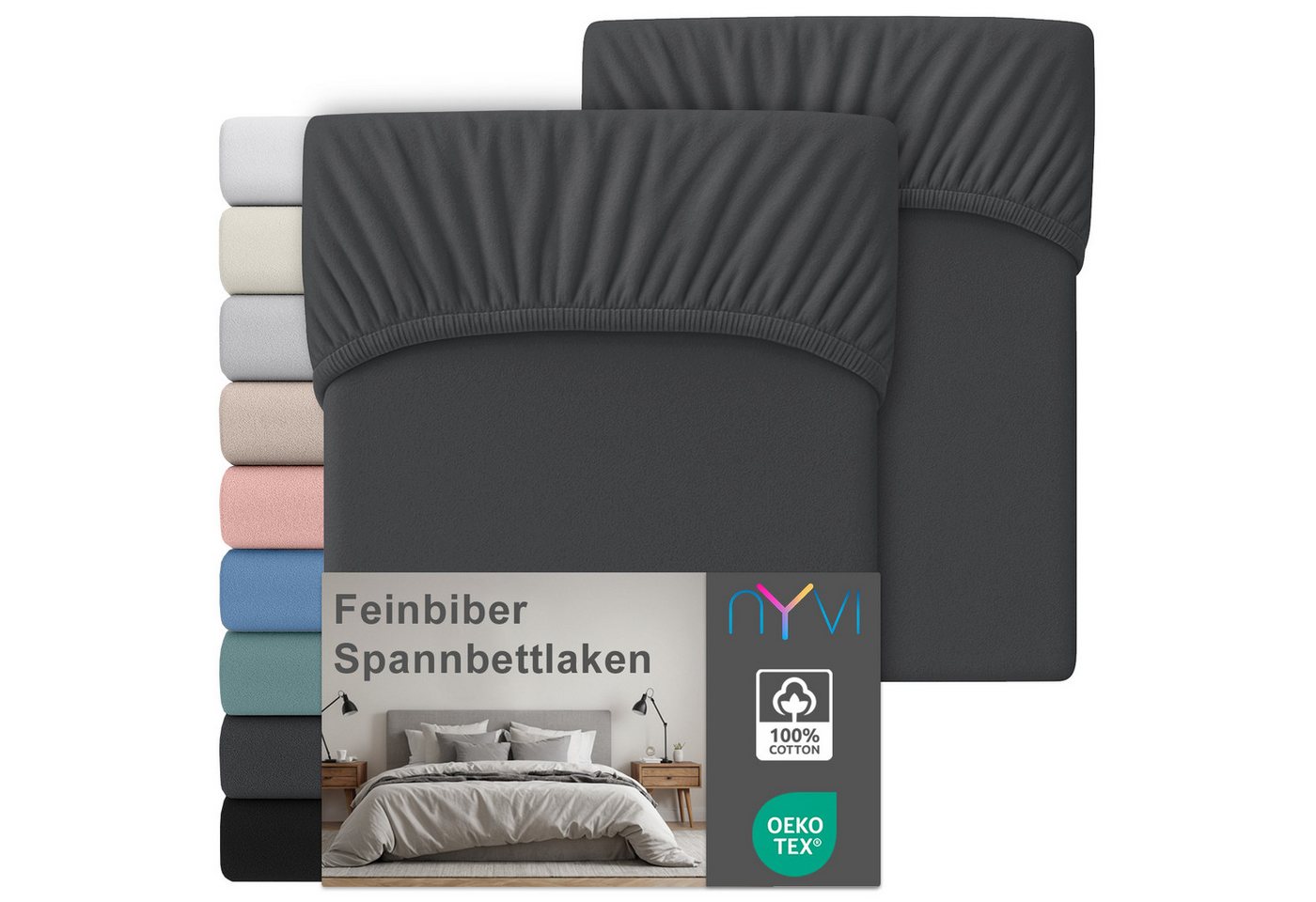 NYVI Spannbettlaken Feinbiber Spannbettlaken Deluxe für Matratzen bis 25 cm Steghöhe, Baumwolle, (2 Stück), 90x200 cm - Extra Warm & Weich 100% Baumwolle Bügelfrei Vorgekrumpft von NYVI