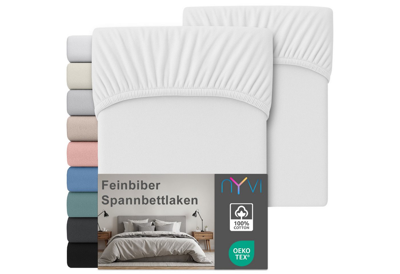 NYVI Spannbettlaken Feinbiber Spannbettlaken Deluxe für Matratzen bis 25 cm Steghöhe, Baumwolle, (2 Stück), 90x200 cm - Extra Warm & Weich 100% Baumwolle Bügelfrei Vorgekrumpft von NYVI
