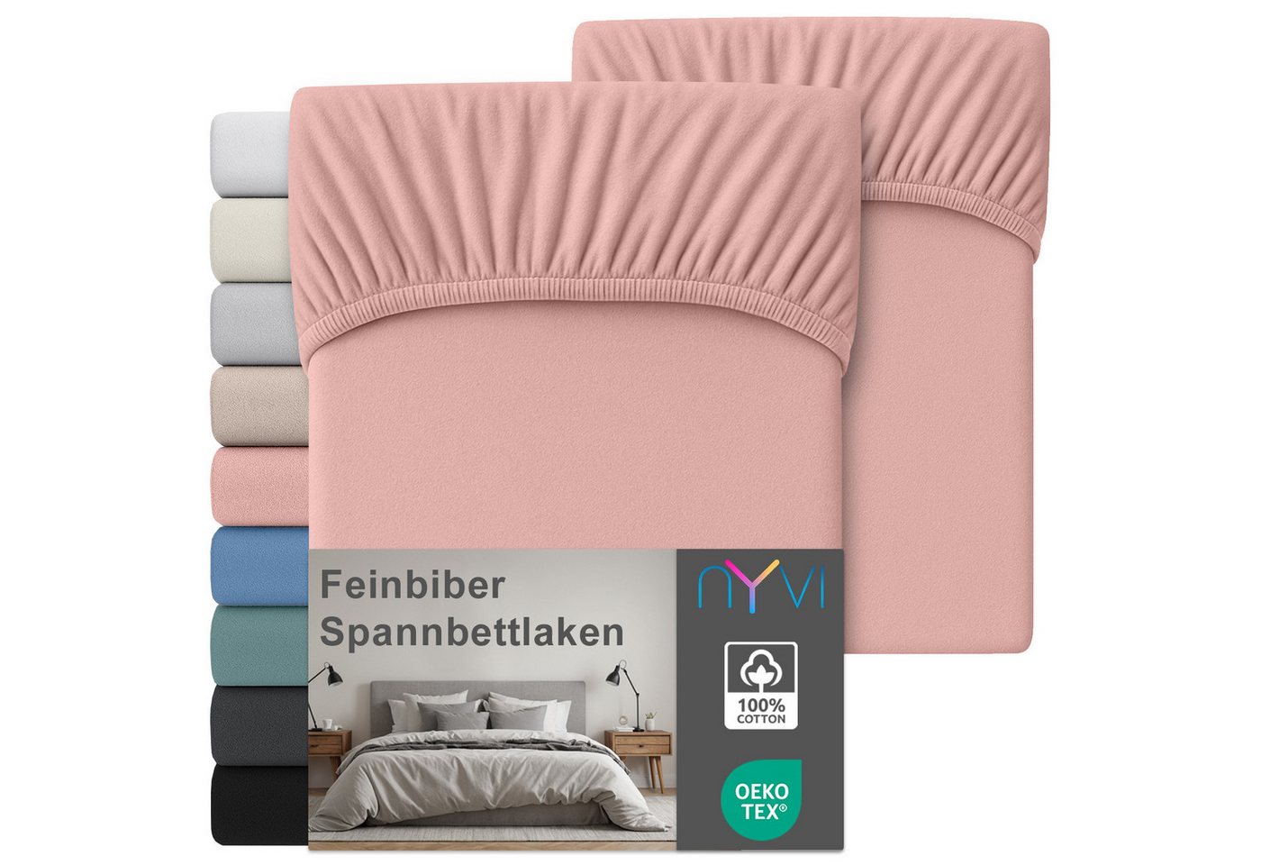 NYVI Spannbettlaken Feinbiber Spannbettlaken Deluxe für Matratzen bis 25 cm Steghöhe, Baumwolle, (2 Stück), 90x200 cm - Extra Warm & Weich 100% Baumwolle Bügelfrei Vorgekrumpft von NYVI