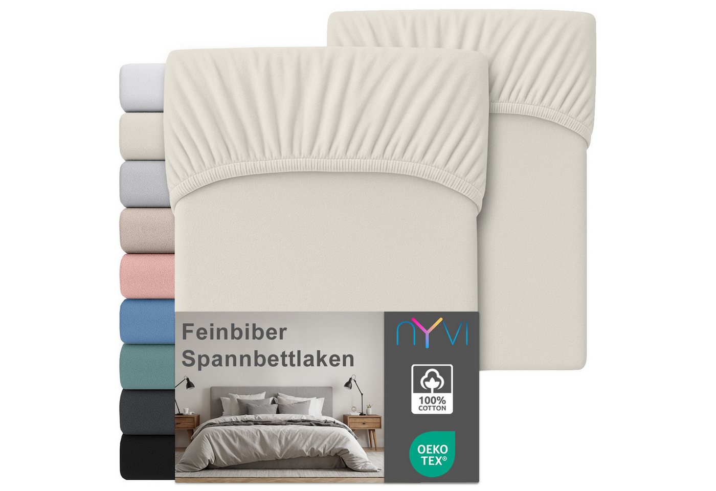 NYVI Spannbettlaken Feinbiber Spannbettlaken Deluxe für Matratzen bis 25 cm Steghöhe, Baumwolle, (2 Stück), 90x200 cm - Extra Warm & Weich 100% Baumwolle Bügelfrei Vorgekrumpft von NYVI