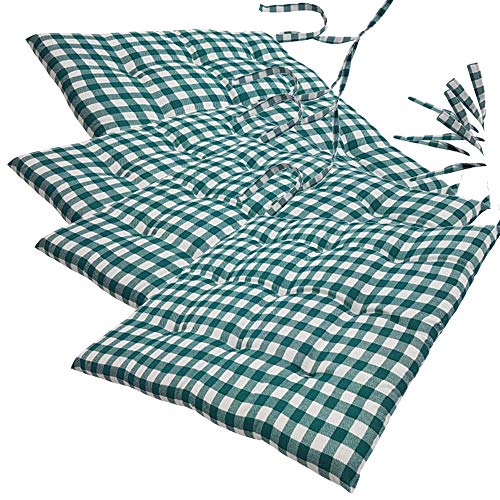 NYVI Stuhlkissen 40x40 cm ComfySeat Grün Weiß kariert 4er Set - Sitzkissen mit Bändern/Schleife, 9-fache Steppung - Indoor & Outdoor - Gartenstuhlkissen aus Baumwoll-Mischgewebe - ÖkoTex 100 von NYVI