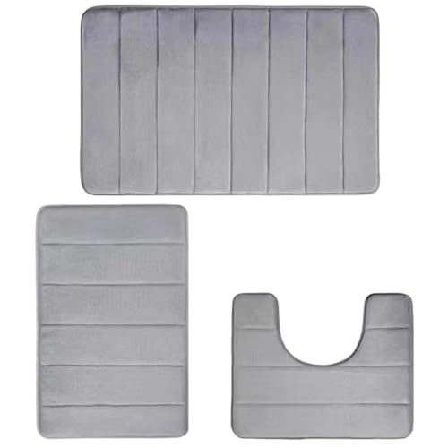 NZDFH Badezimmerteppich Set 3 teilig Badematte rutschfest Waschbar Badteppich Duschvorleger, Antirutschmatte Dusche, 40×60cm Badvorleger, 40×50cm WC Vorleger, 38×42cm Kleiner Badematten, Grau von NZDFH