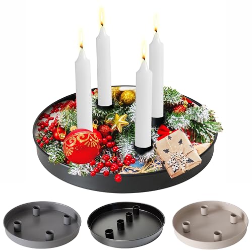 NZDFH Magnet Kerzentablett, Tablett Rund 25cm, Kerzenhalter für Stabkerzen, Metall Kerzenständer mit 4 magnetischen Haltern, Dekotablett Ideal für Advent, Alltagsdekoration, Schwarz von NZDFH