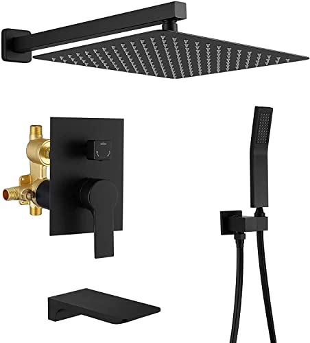 Duschset zur Wandmontage, mit Wasserfall-Wannenauslauf und Handbrause, 12-Zoll-Regenbrause-Wasserhahn-Set aus Messing, komplett von NZPOST