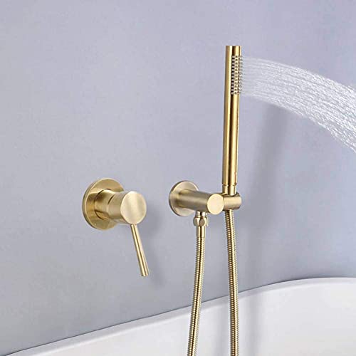 Küchenarmatur aus gebürstetem Goldmessing, Badezimmer-Duschset, Wandmontage, Kalt- und Wassermischbatterie mit Handbrause von NZPOST