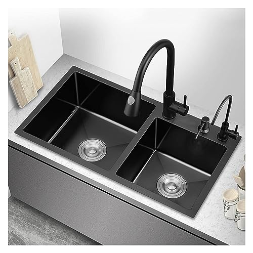 NZPOST Küchenspüle Wasserfallspüle Handgefertigte Küchenspüle 20 cm Tiefe Spüle Dreilochspüle Handgefertigte Spüle mit Zubehör (75 x 41 x 20 cm) von NZPOST