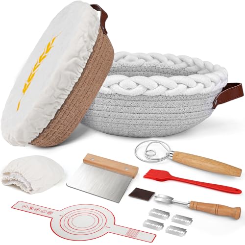 Brotkorb Banneton Gärkorb Brot Runde & Oval Kombi Paket Gärkörbchen, Sauerteig Gärkorb für Brot aus Baumwollstricken mit Leineneinsatz, Edelstahl Teigschaber von NZQXJXZ