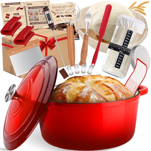 NZQXJXZ Gusseisen Topf Brot Backen, 26cm Emaille Schmortopf mit Deckel Brotbackform mit Banneton Brot Gärkorb Sauerteig Brotbacken Zubehör, 2-in-1 Brotbacktopf mit Pfanne Deckel Kochen Pan von NZQXJXZ